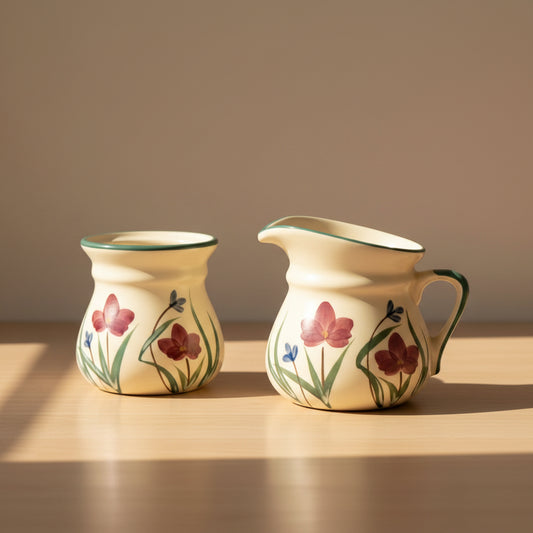 Two cream-colored ceramic cream pitcher and sugar jar with painted floral designs
