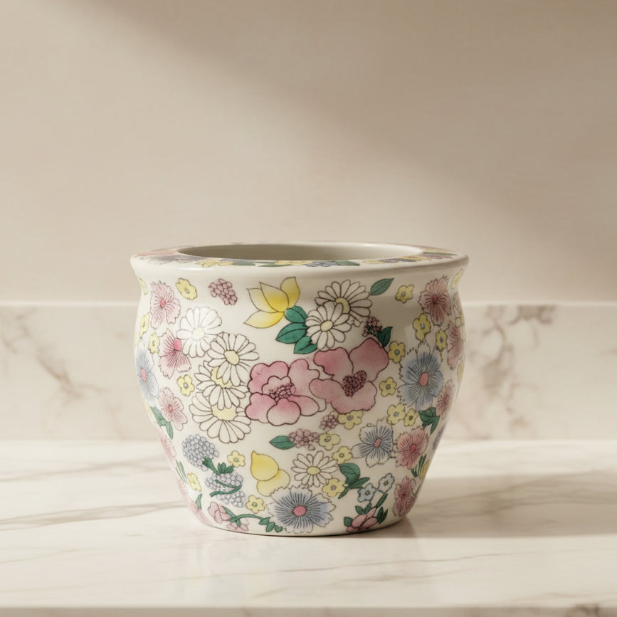 Chinoiserie plant pot with colourful hand painted florals 