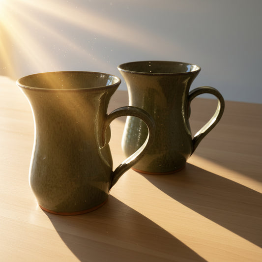 Two sage green ceramic mugs with a glossy finish