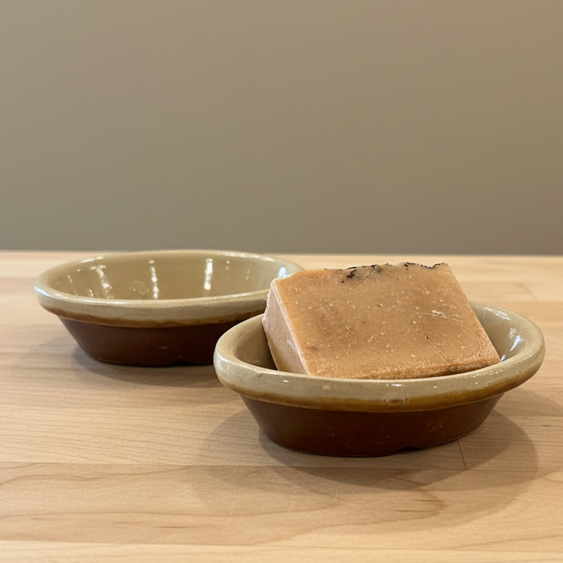 Beige and brown rustic ceramic soap dish 