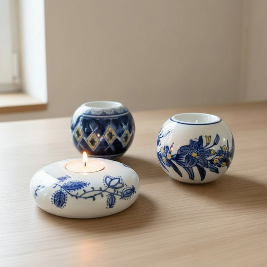 Three small decorative blue-and-white ceramic candle holders