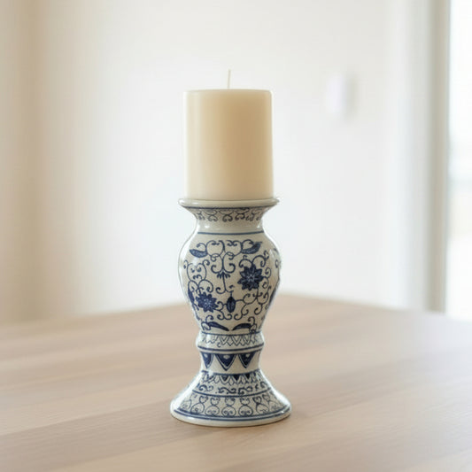 A decorative blue and white porcelain candle holder 