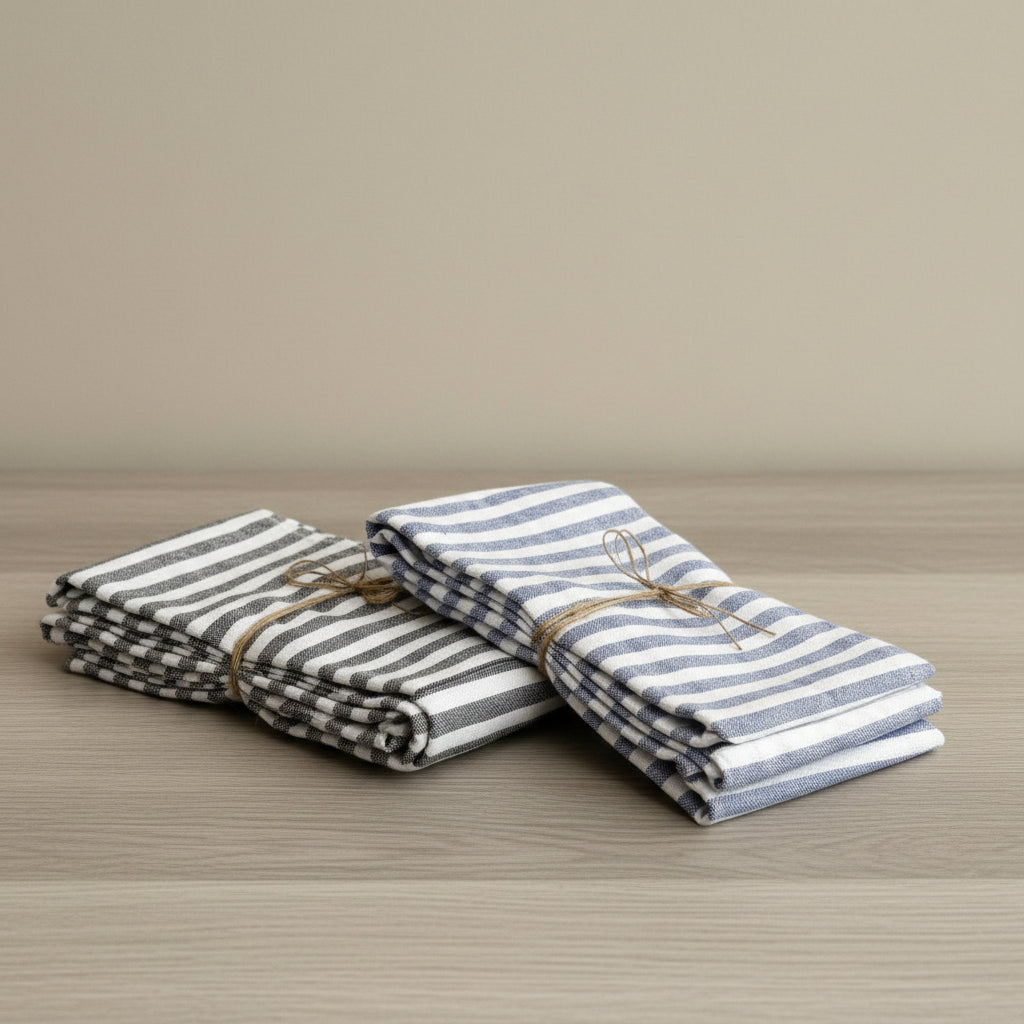 Two folded striped cloth towels tied with twine, one with dark gray and white stripes and the other with blue and white stripes.