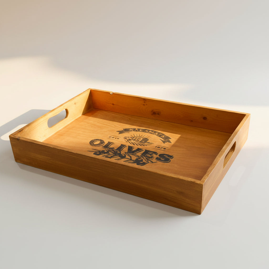 Wooden tray with Olives written across