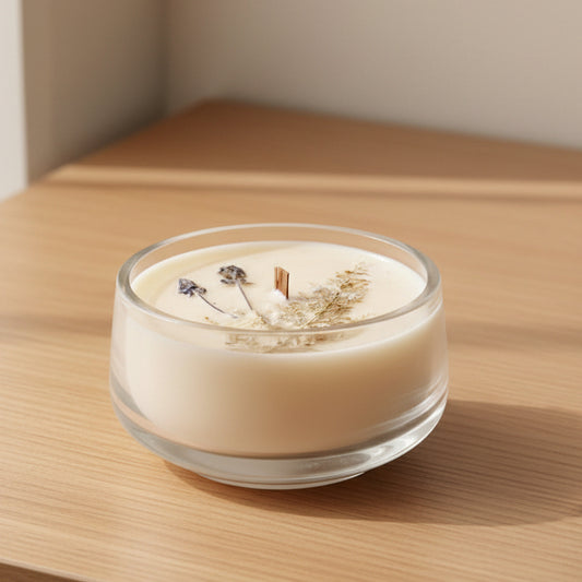 A clear glass candle jar filled with  off-white wax, topped with dried botanical elements including lavender sprigs and delicate white flowers.