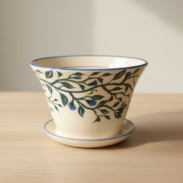 A cream-colored ceramic planter and  blue floral branch pattern