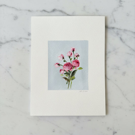 Artwork featuring a watercolor bouquet of pink flowers with green stems on a light blue background