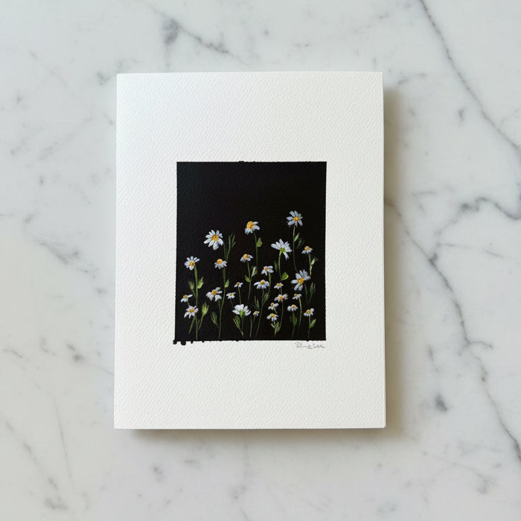 Artwwork featuring a black background with a cluster of white daisies with yellow centers and green stems.