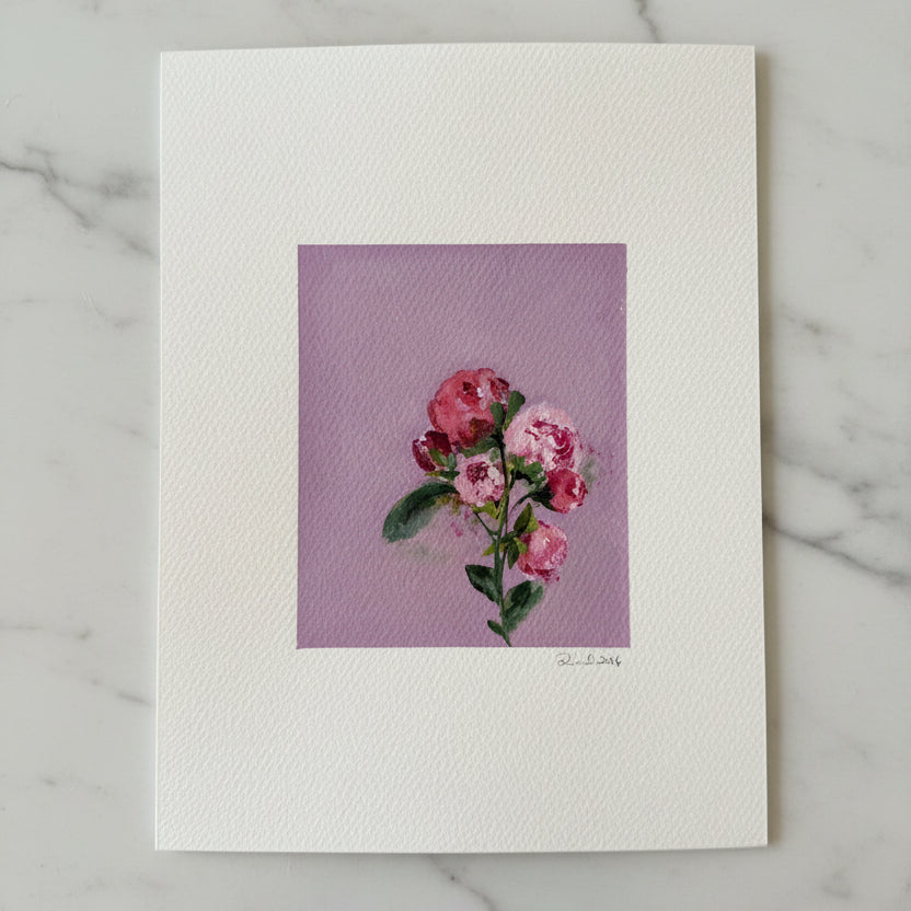 Artwork featuring a painted bouquet of pink and red roses with green leaves on a pink-purple background.