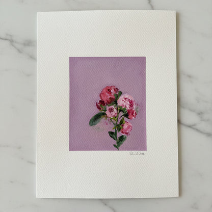 Artwork featuring a painted bouquet of pink and red roses with green leaves on a pink-purple background.