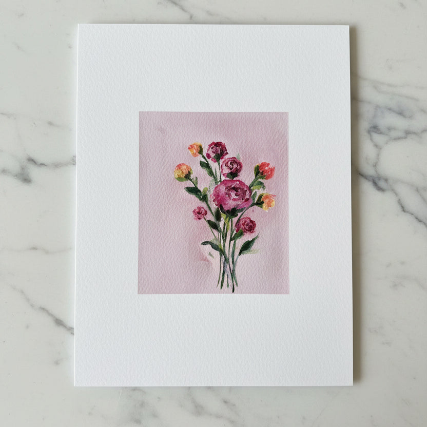 Artwork featuring a watercolor bouquet of pink and orange flowers with green stems on a light pink background