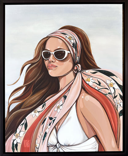 Painting of a woman wearing sunglasses and a floral headscarf 
