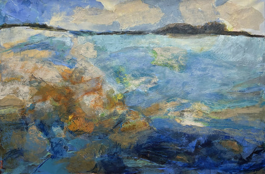 An abstract impressionistic painting of a coastal seascape with layered blue water, dark rocky shoreline, and sky in blue, cream, gray, and brown tones.