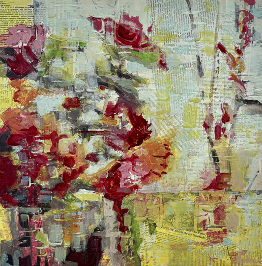 Abstract floral painting with layered brushstrokes in red, pink, yellow, green, gray, and white, depicting a bouquet of flowers in a textured collage style.