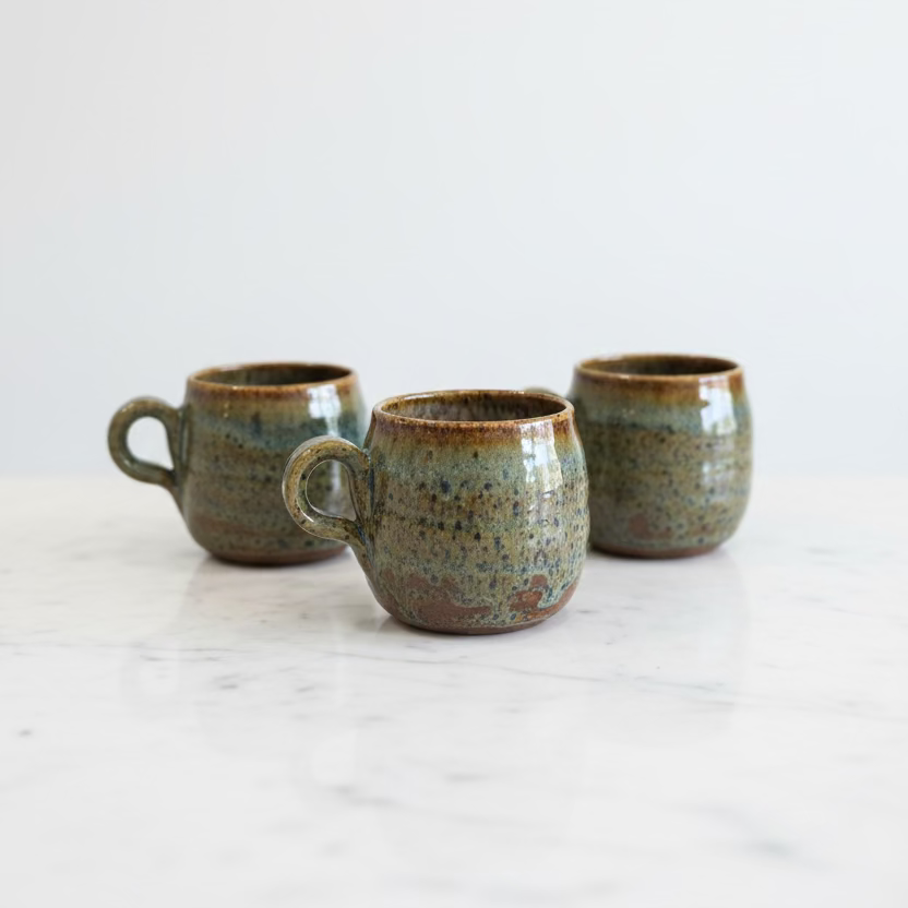Handmade ceramic mugs with a speckled green and brown glaze and a rustic brown rim.