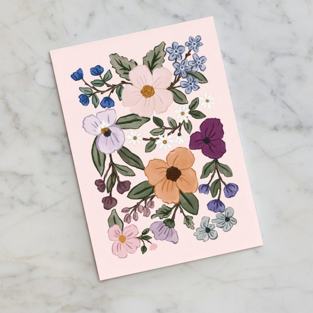 Floral greeting card featuring a colorful floral illustration on a pale pink background