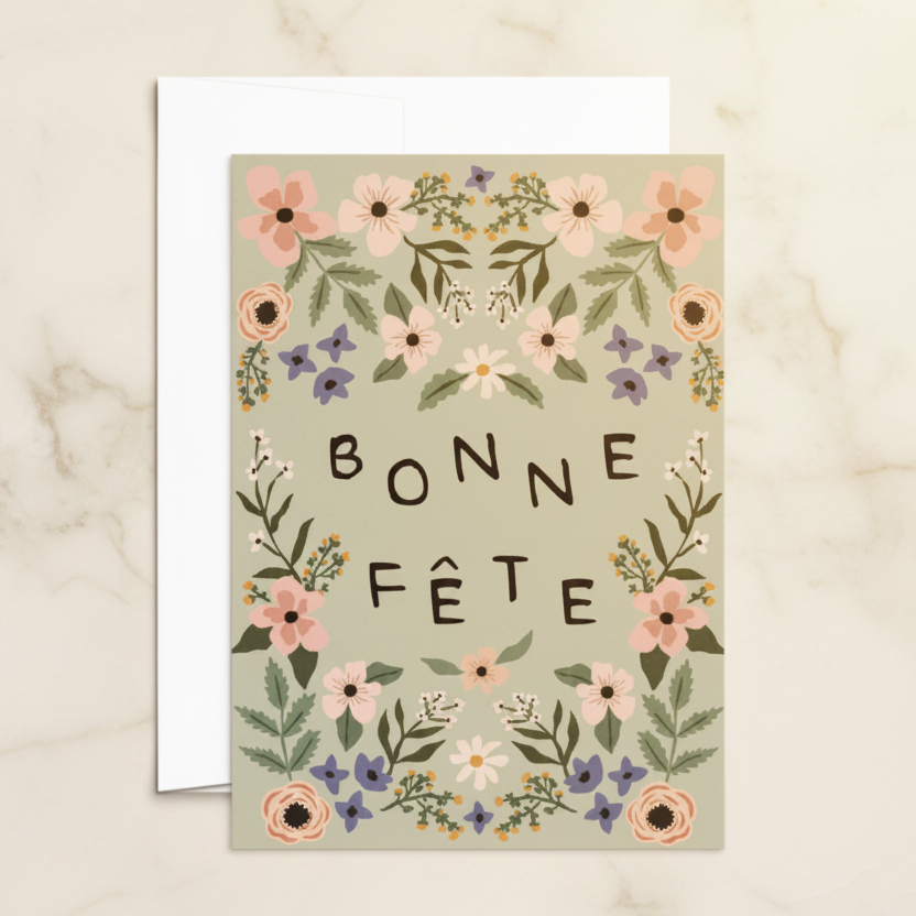 A square greeting card with a floral border and the words 'BONNE FÉTE' in black lettering