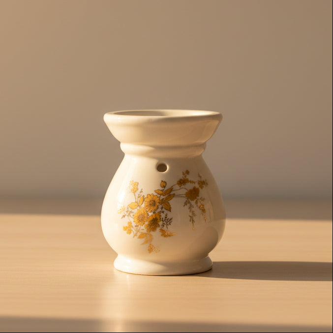 A small ceramic wax Melter with a white body decorated with golden  floral patterns.