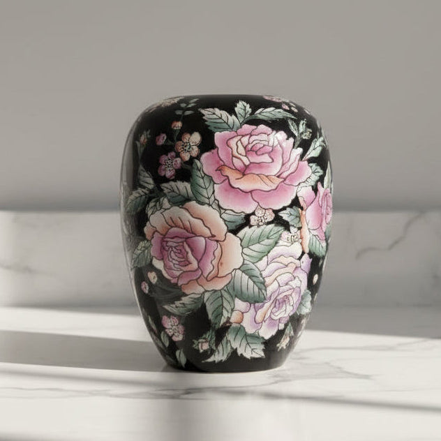 A glossy black ceramic vase decorated with large pink roses, green leaves, and small floral details.