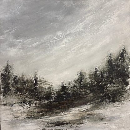 An impressionistic landscape painting featuring a dark, silhouetted line of trees against a textured, cloudy gray and white sky, with a snowy or misty ground in the foreground.