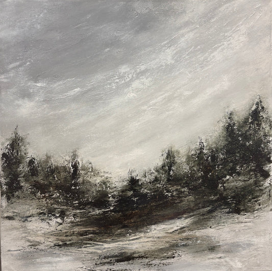 An impressionistic landscape painting featuring a dark, silhouetted line of trees against a textured, cloudy gray and white sky, with a snowy or misty ground in the foreground.