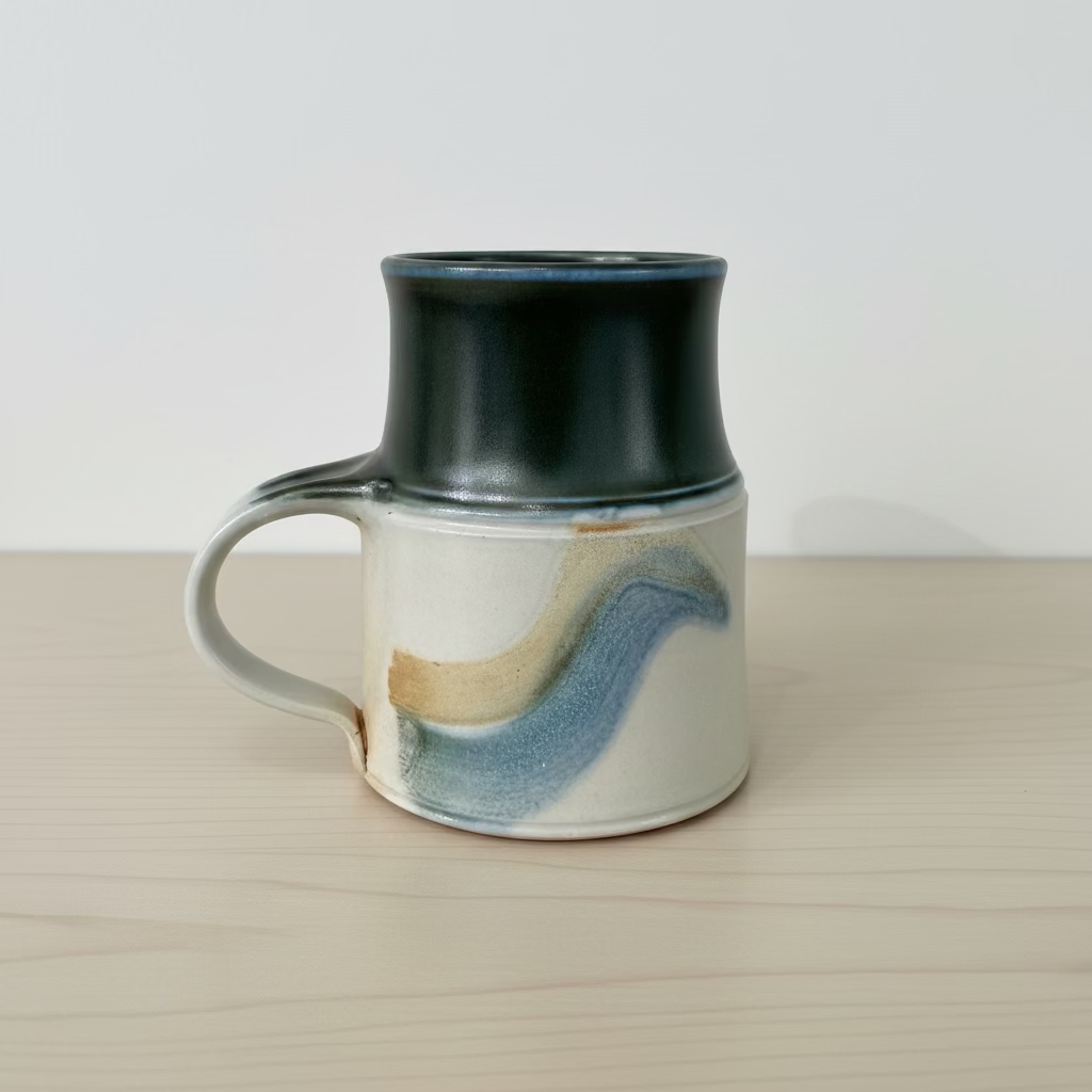 A handmade ceramic mug with a dark green glazed upper body and handle, and a cream-colored lower body featuring a blue and tan wavy glaze design.