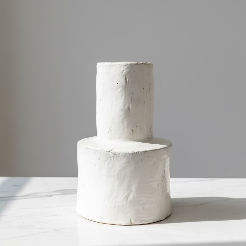 White stone vase, textured off-white finish.