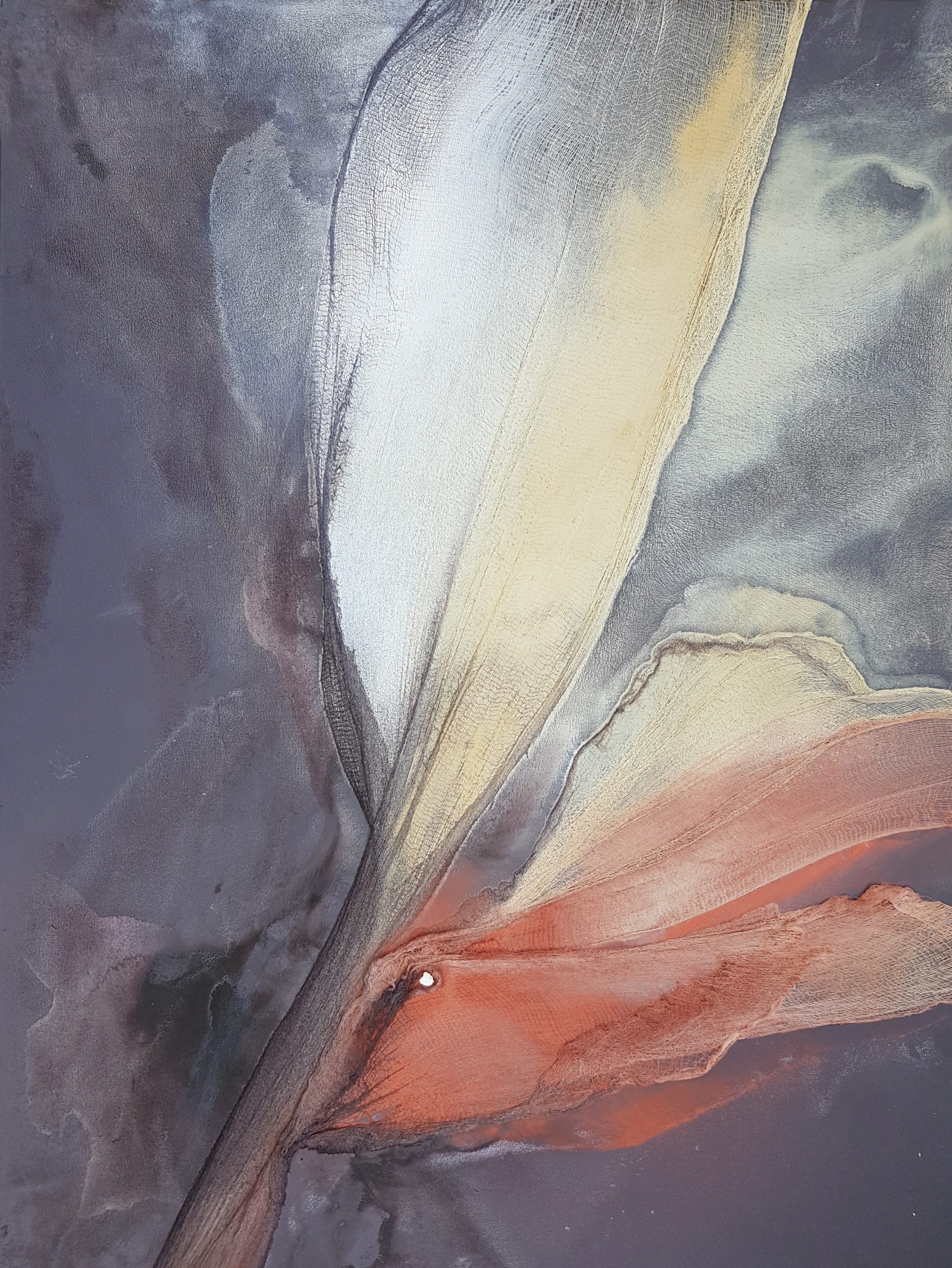 Acrylic and textile artwork titled Copper Feather