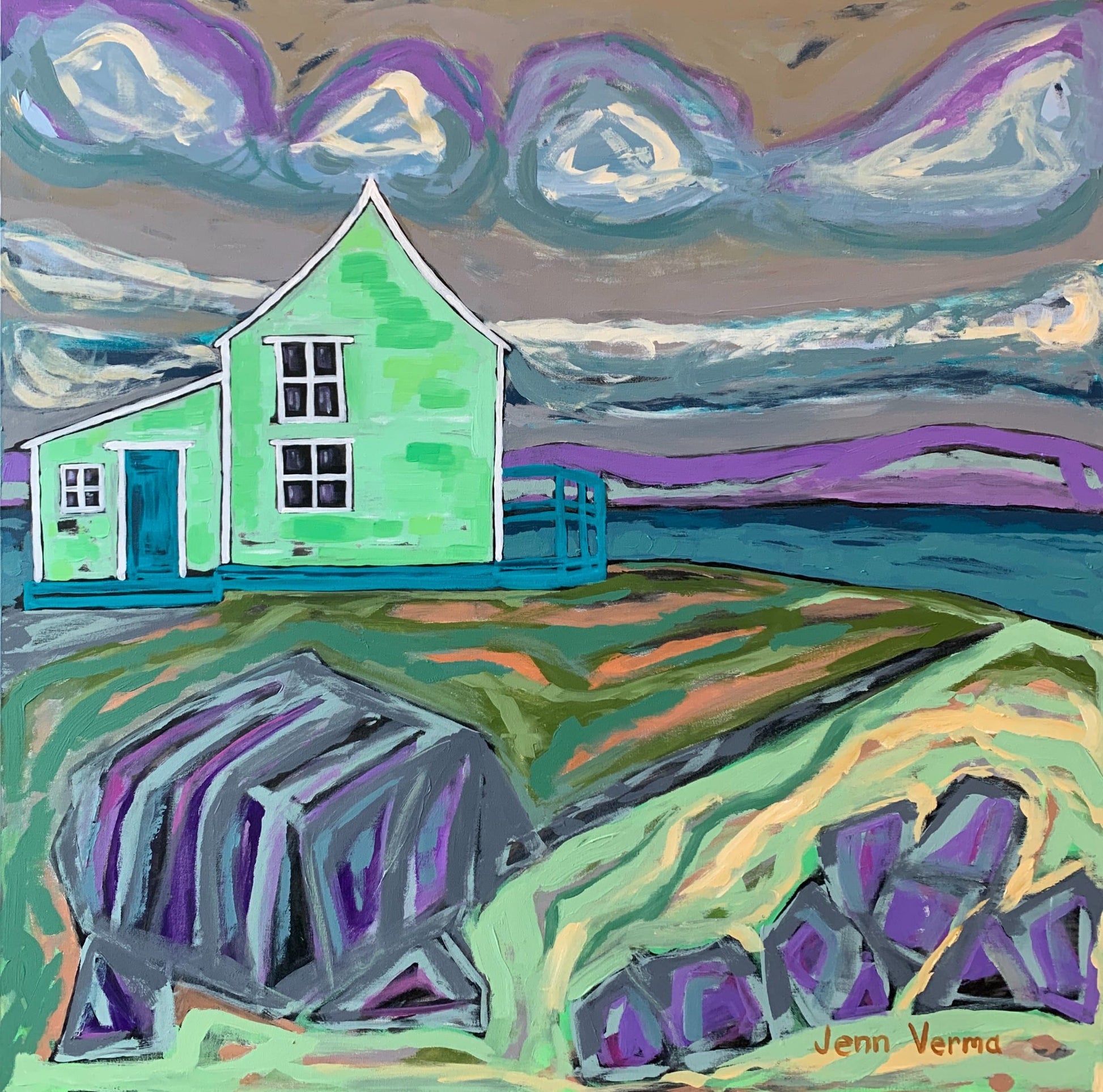 Acrylic artwork titled Mint Green House, Fogo Island