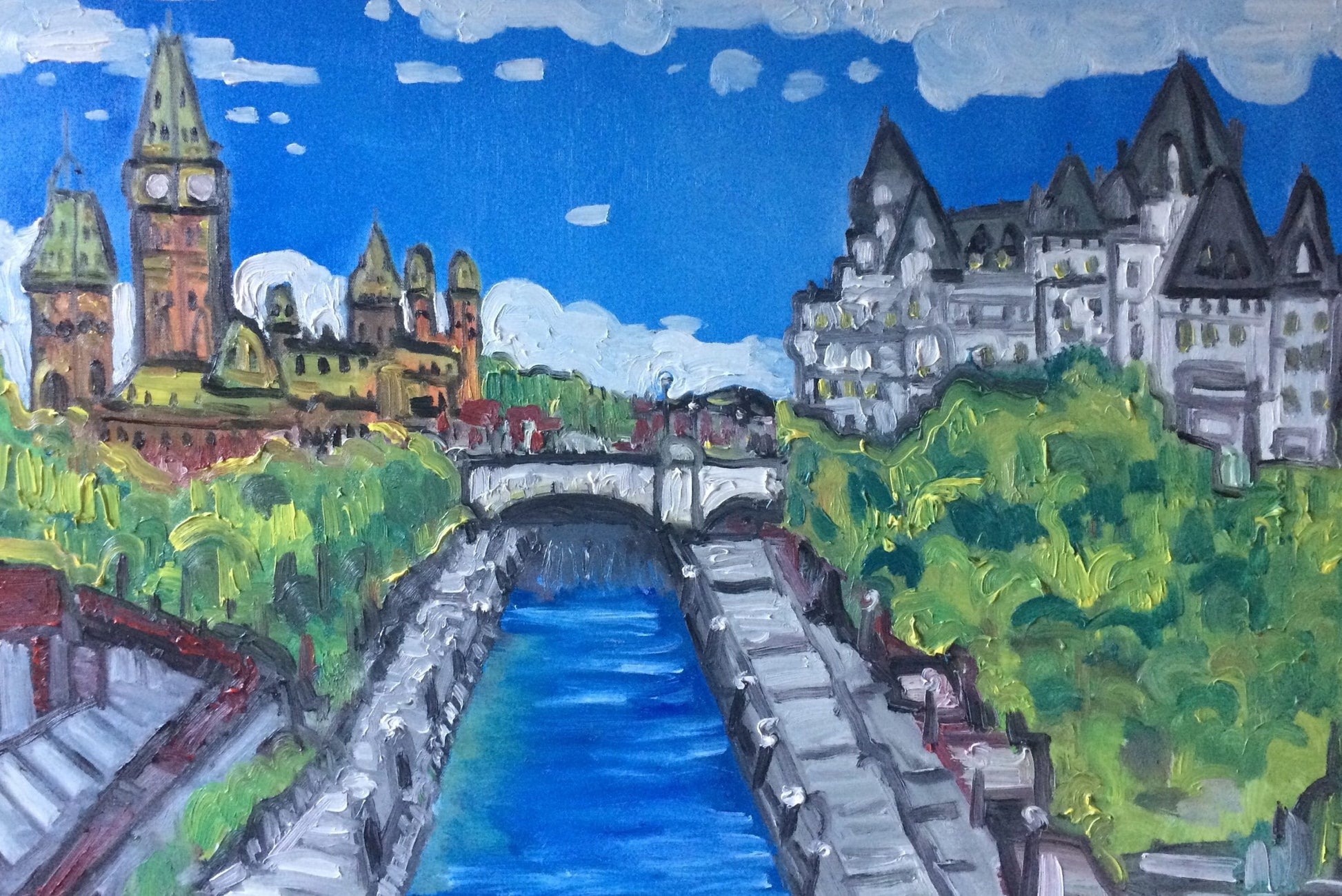 Oil artwork titled Daytime Over the Canal