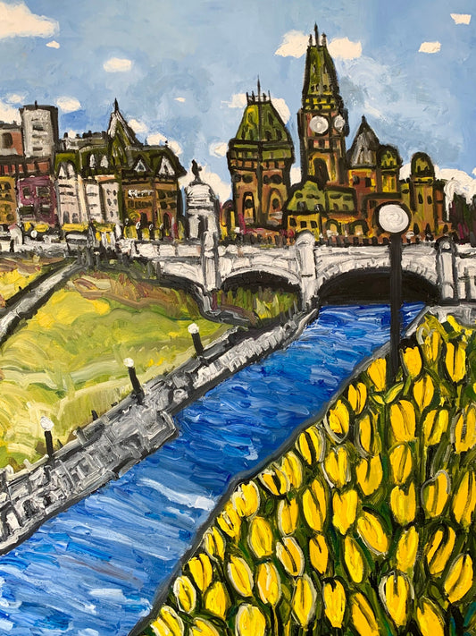 Oil artwork titled Tulips along the Rideau Canal